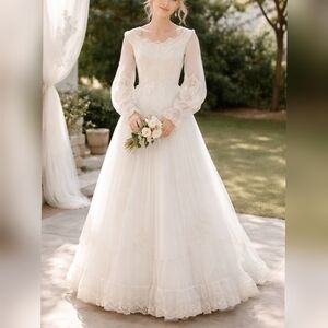 Unbranded Vintage 80s Ivory Pleat Chiffon Lace Mutton Sleeve Wedding Dress sz 4